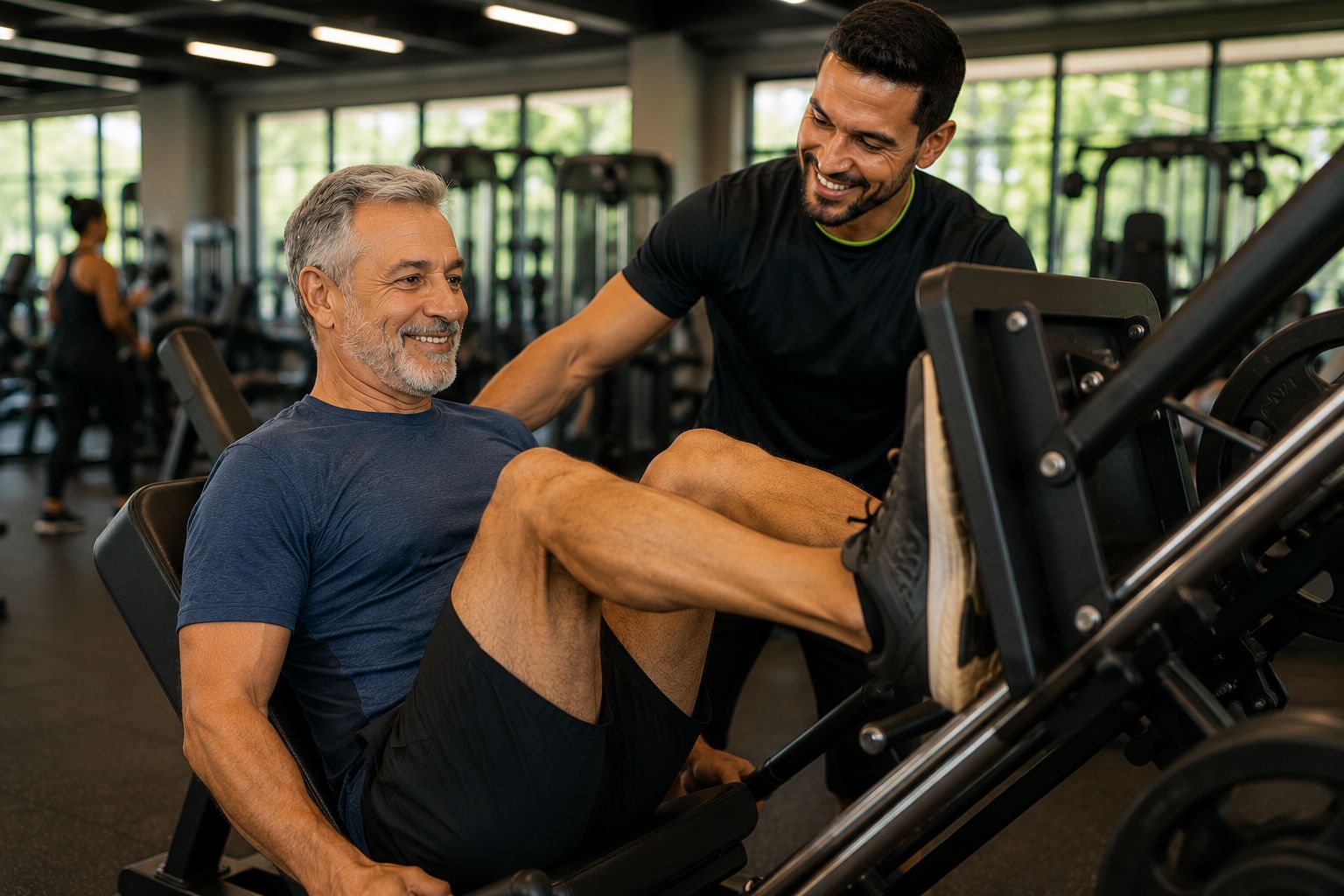 Homem acima dos 50 anos realizando leg press com orientação de um professor.