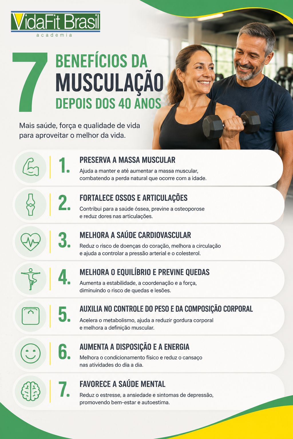 Infográfico com os sete benefícios da musculação depois dos 40 anos.