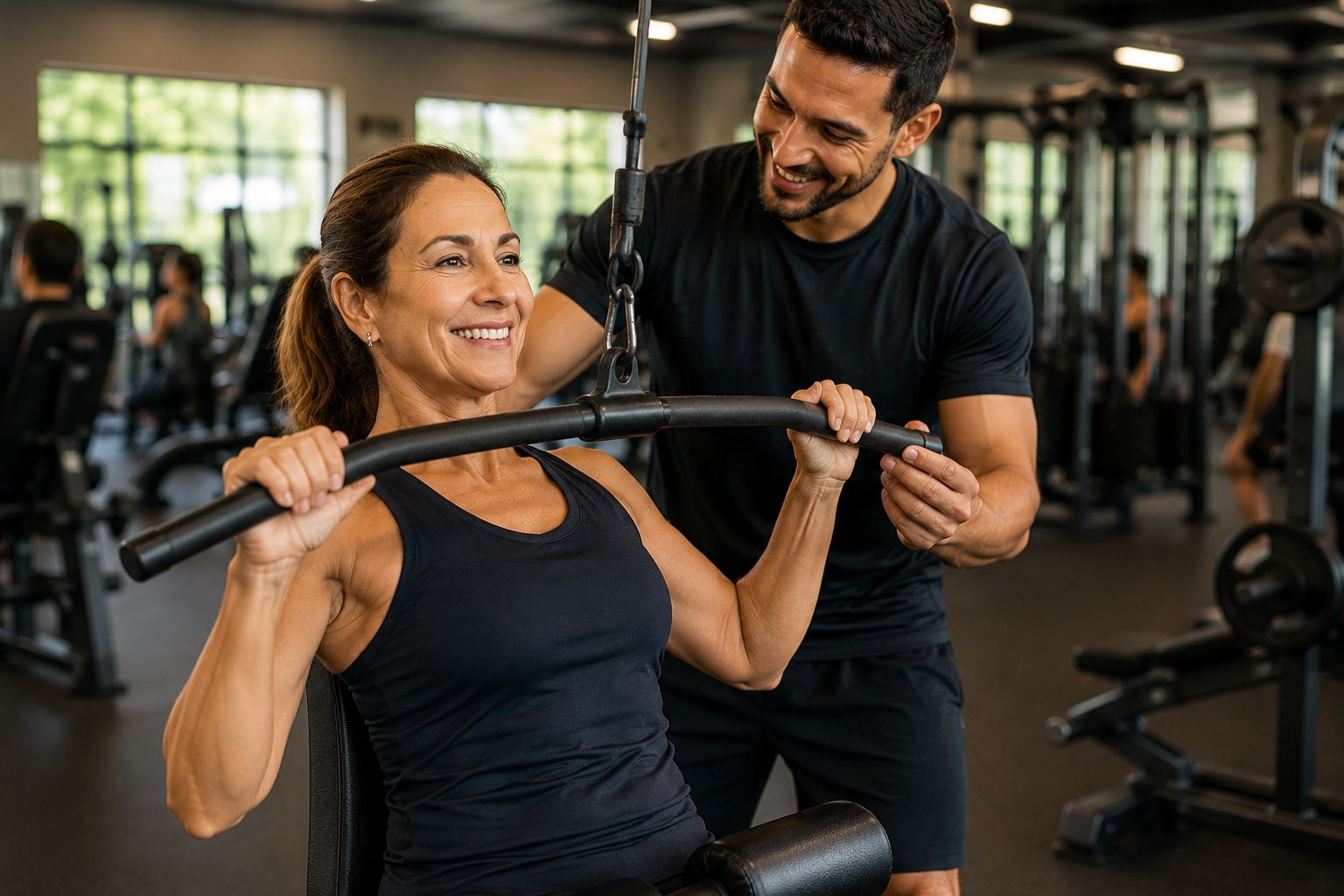 Mulher acima dos 40 anos treinando musculação com acompanhamento profissional.