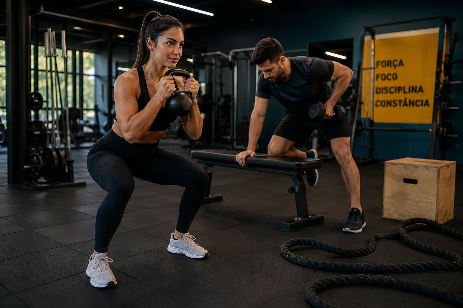 Pessoa treinando com exercícios funcionais e musculação em rotina híbrida.