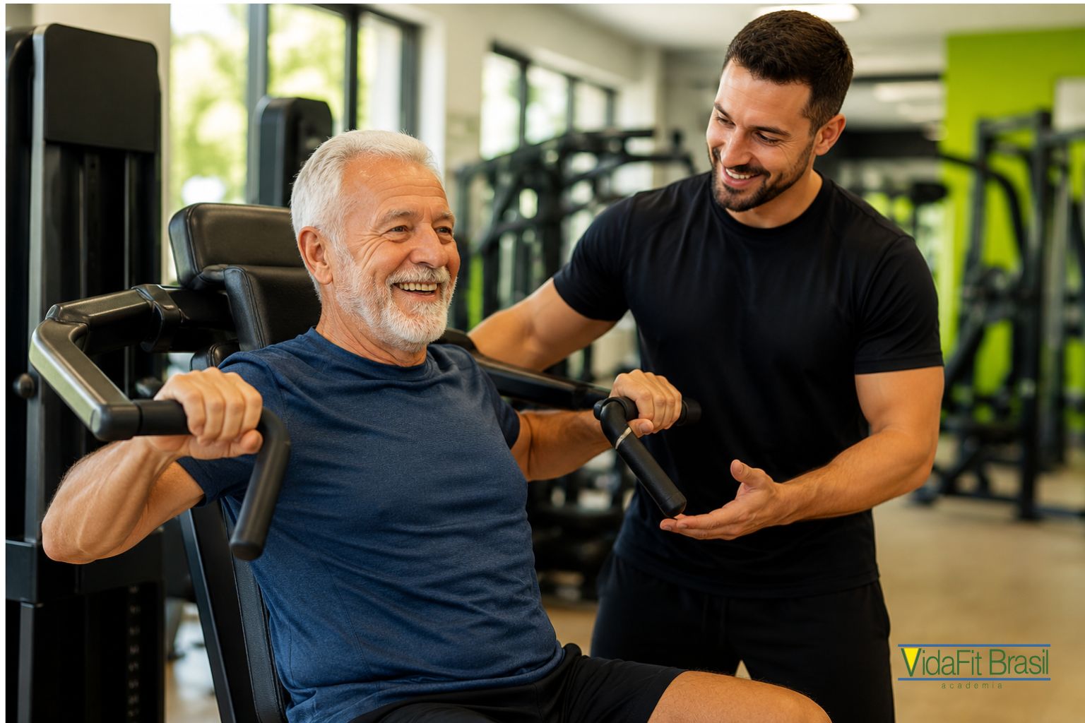 Idoso realizando exercícios de musculação com acompanhamento de professor.