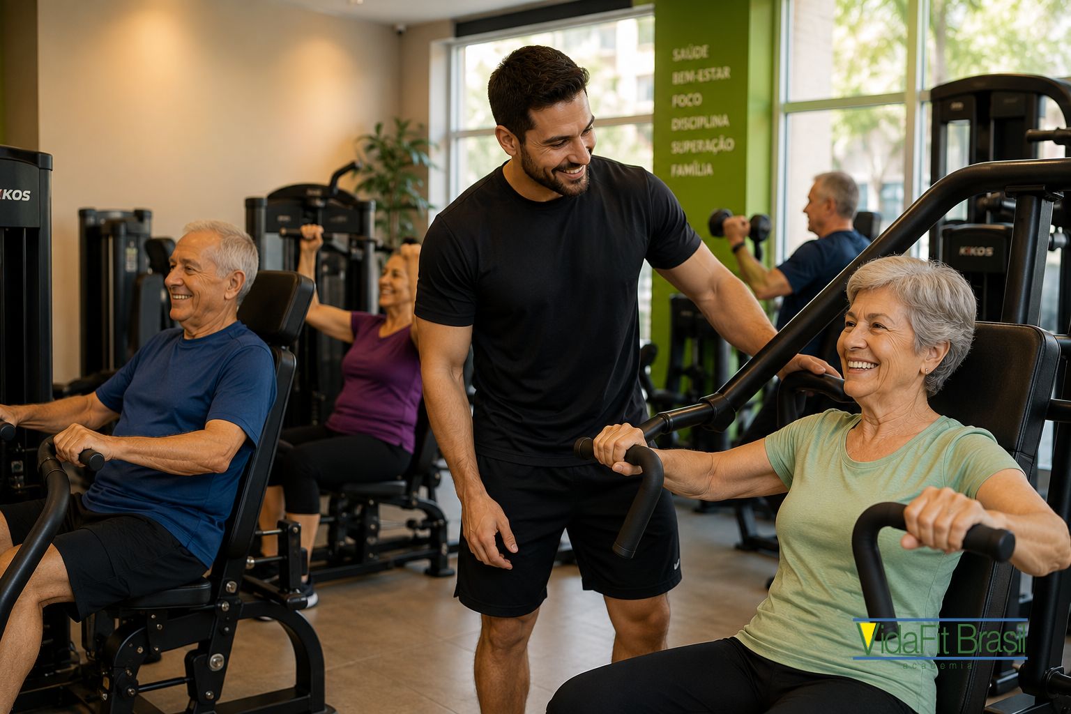 Idosos treinando musculação em ambiente acolhedor com acompanhamento profissional.